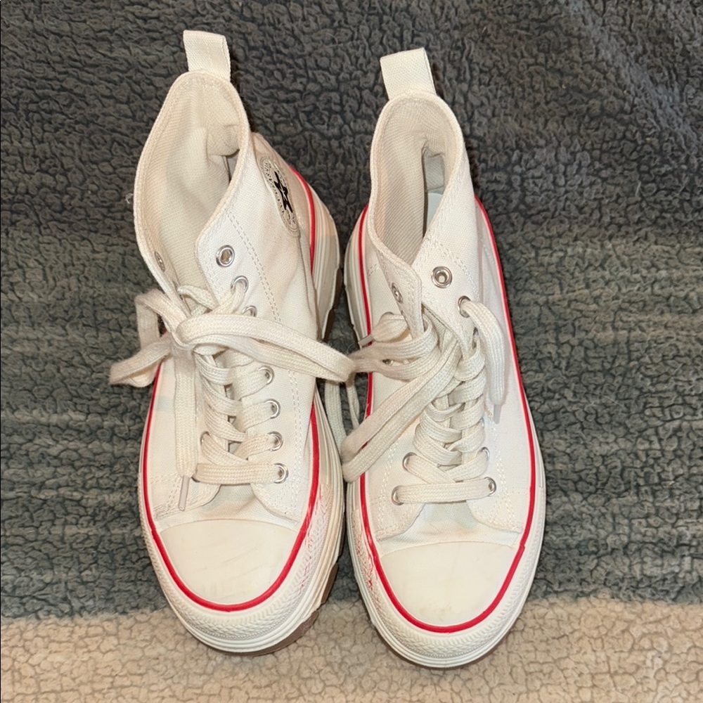 White High-Top Sneakers with Red Trim